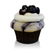 Fresh blueberry cake with cheesecake baked inside topped with cream cheese frosting and blueberry garnish