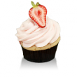 Vanilla cake infused with fresh-cut strawberries, with strawberry cream cheese icing, a light sprinkle of red sugar and topped with a fresh strawberry slice