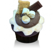 Chocolate cake with graham cracker crust with marshmallow icing sprinkled with graham cracker crumbs and topped with a mini Hershey bar