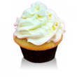 Madagascar bourbon vanilla cake baked with chocolate chips inside with vanilla buttercream topped with white chocolate chips, and melted white chocolate